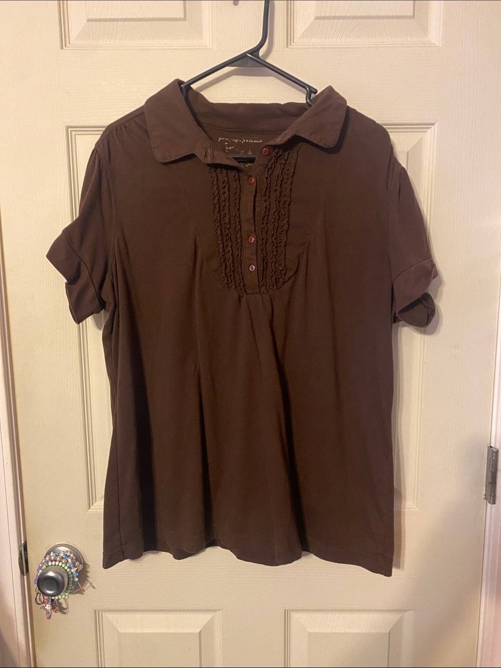 Brown Women's Collared Short-Sleeve Top